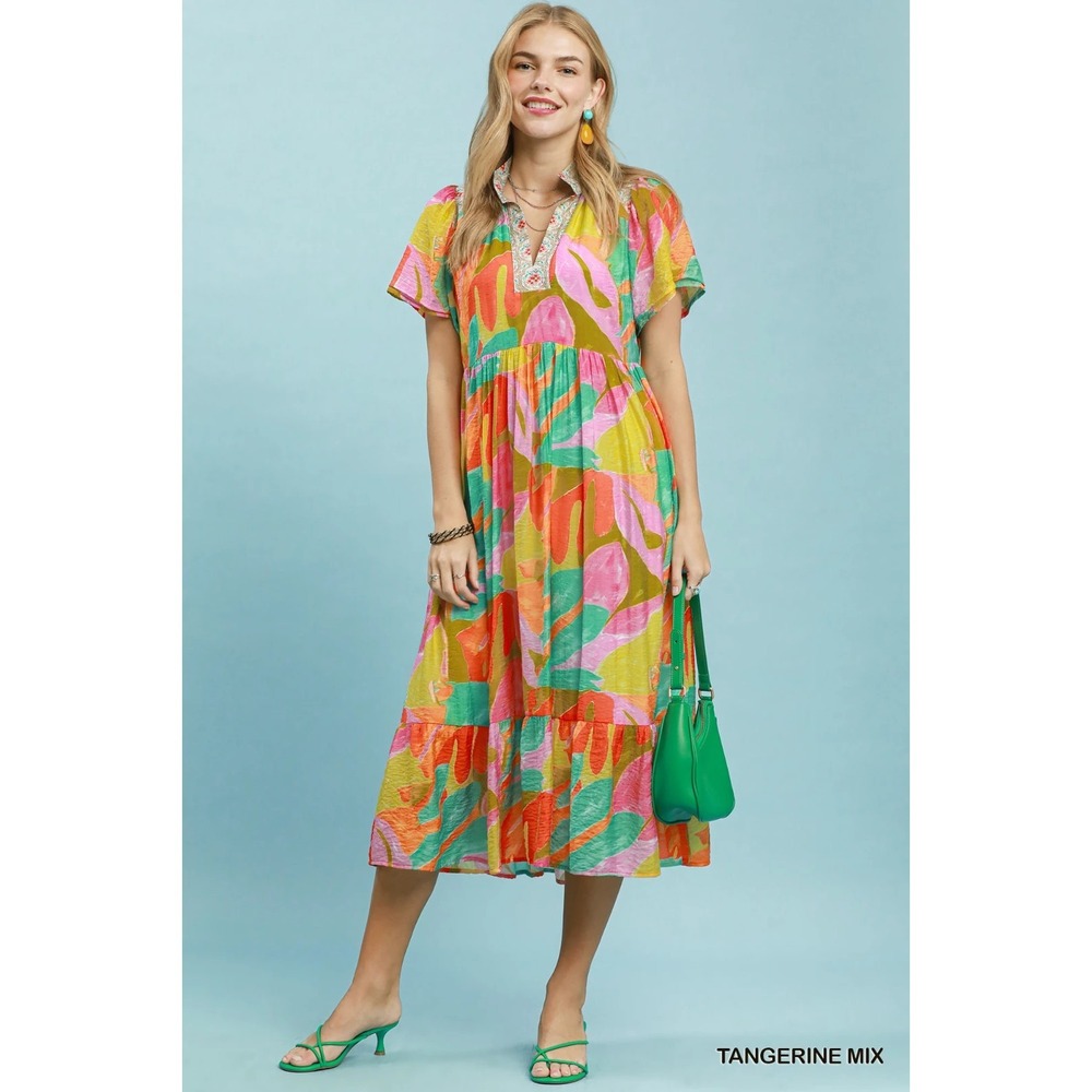 Umgee Abstract Tropical Print Tiered Midi Dress - Tangerine Mix - Large - Picture 4 of 5